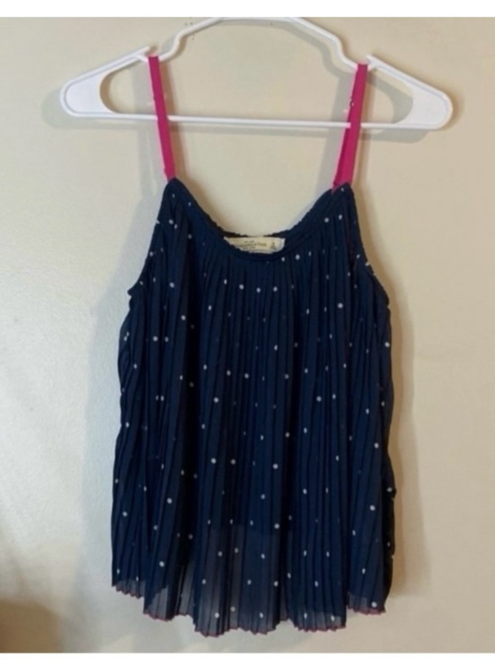 Abercrombie & Fitch Sheer  Navy Polka Dot Pleated Cami with Pink Straps